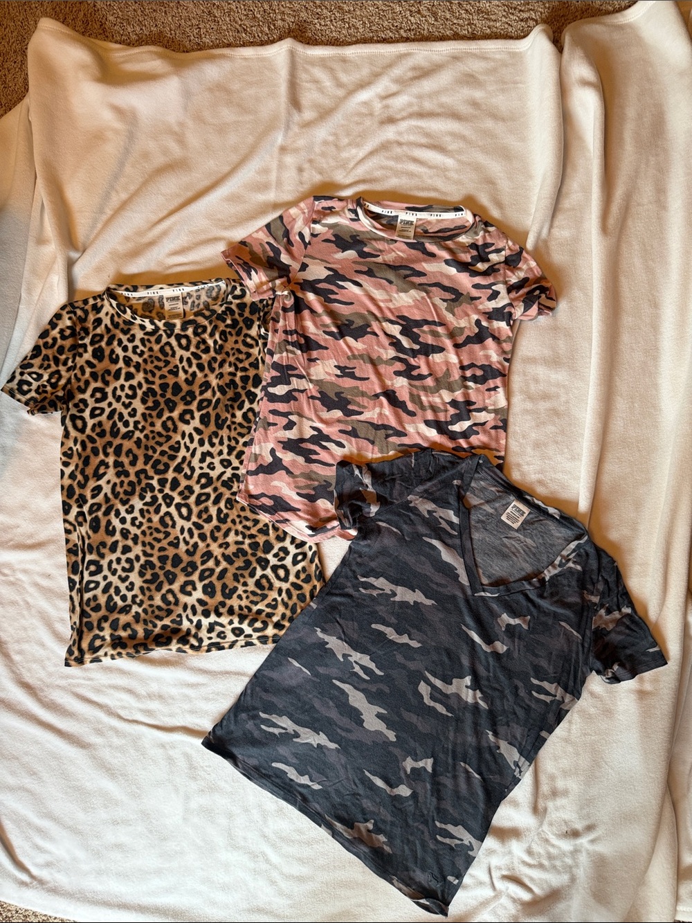 PINK Victoria's Secret Short Sleeve Tee Trio - Pink Camo, Black Camo, Leopard